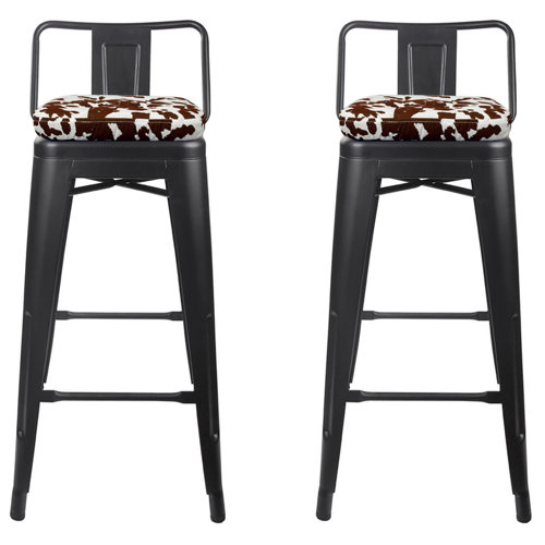 17 Stories 30Inch Brown Cow Seat Black Metal Bar Stool, set of 2 Wayfair